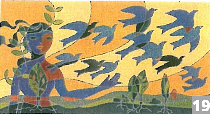 a women with a flock of birds flying away from her